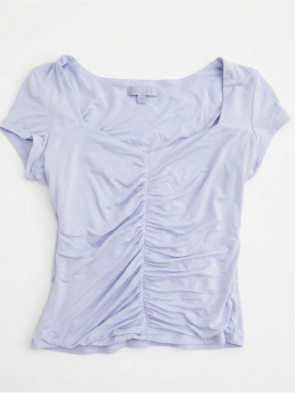 GUESS Baby Blue Scoop Neck Ruched Short Sleeve Top